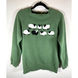 Vintage Cottagecore Black Sheep Lamb Knit Sweater Green Raglan Women XL